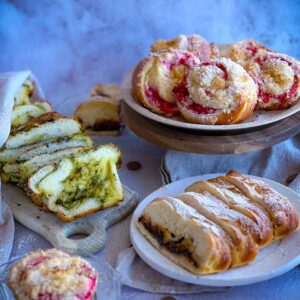 pastries, baked goods, bread, bakery product, raspberries, coconut crumb, yeast, yeast dough, cream cheese rolls, cream cheese, sweet, fresh bread, raspberry rolls, freshly baked, pesto babka