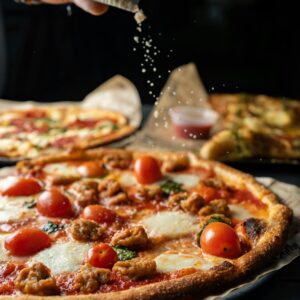 Close-up of a freshly baked pizza with cherry tomatoes, mozzarella, and herbs being sprinkled by hand.